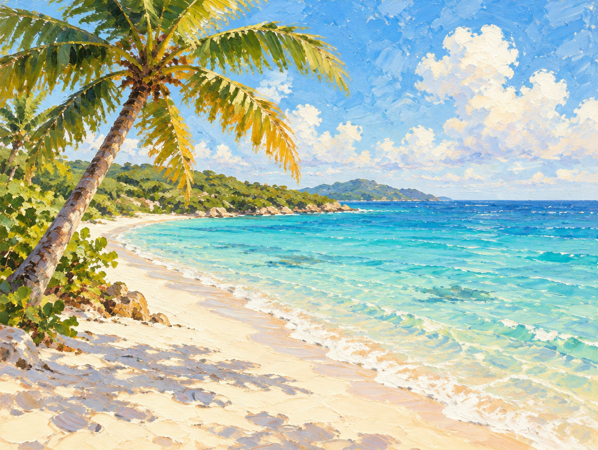 Painted wide beach with a single leaning palm and clear shallow water