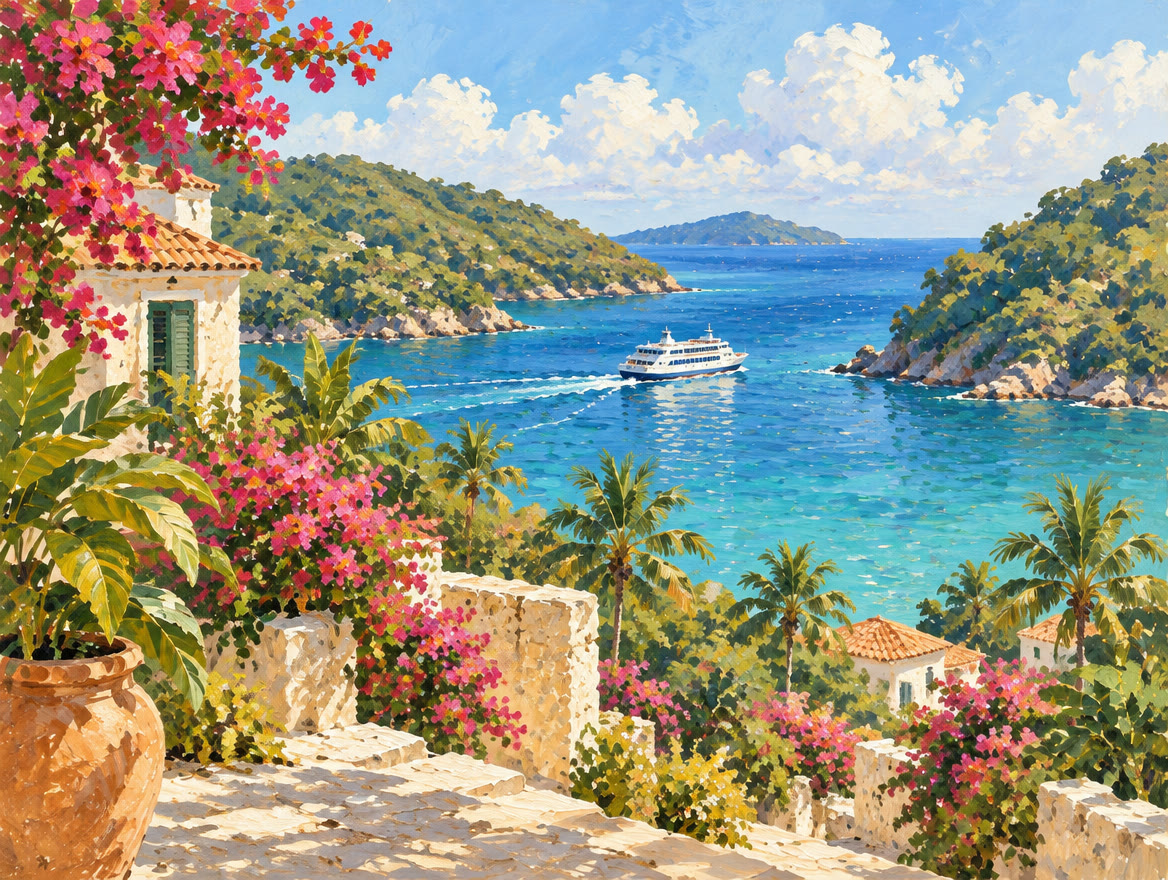 Painted passenger ferry crossing a blue channel between two green islands