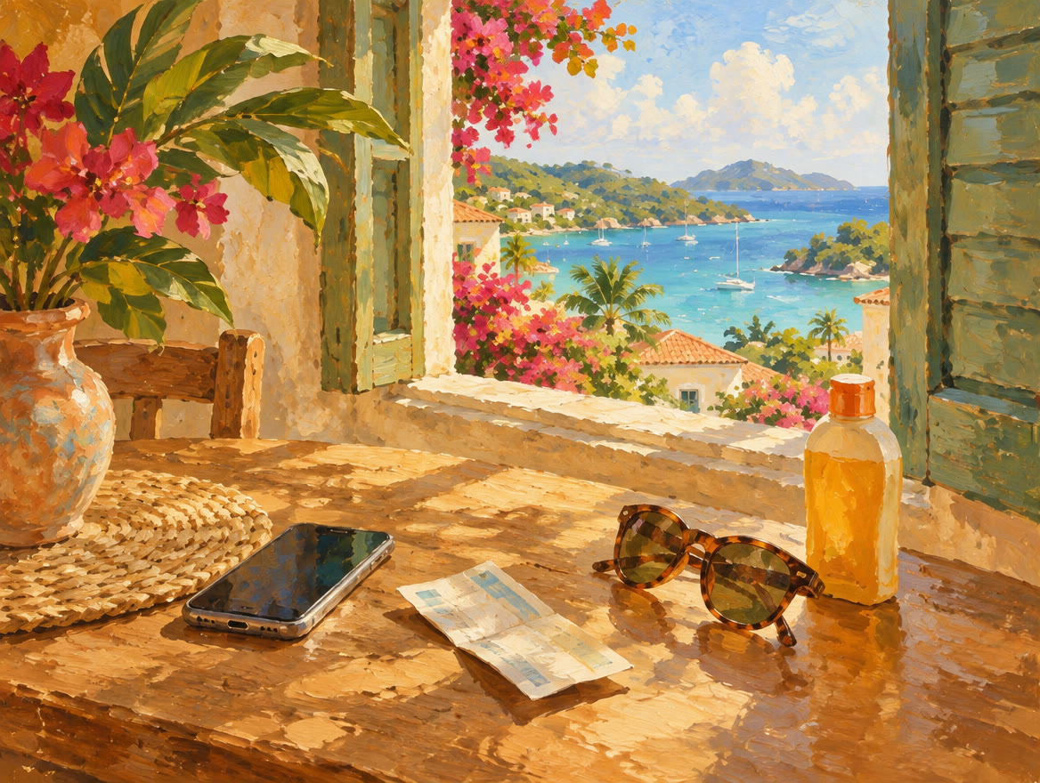 Painted table with a phone, a folded ticket, sunglasses and sunscreen