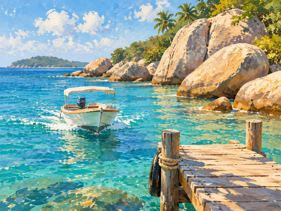 Painted small boat approaching a dock beside a shore of giant granite boulders