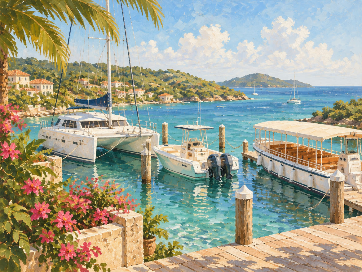 Painted marina dock with a catamaran, a powerboat and a covered tour launch
