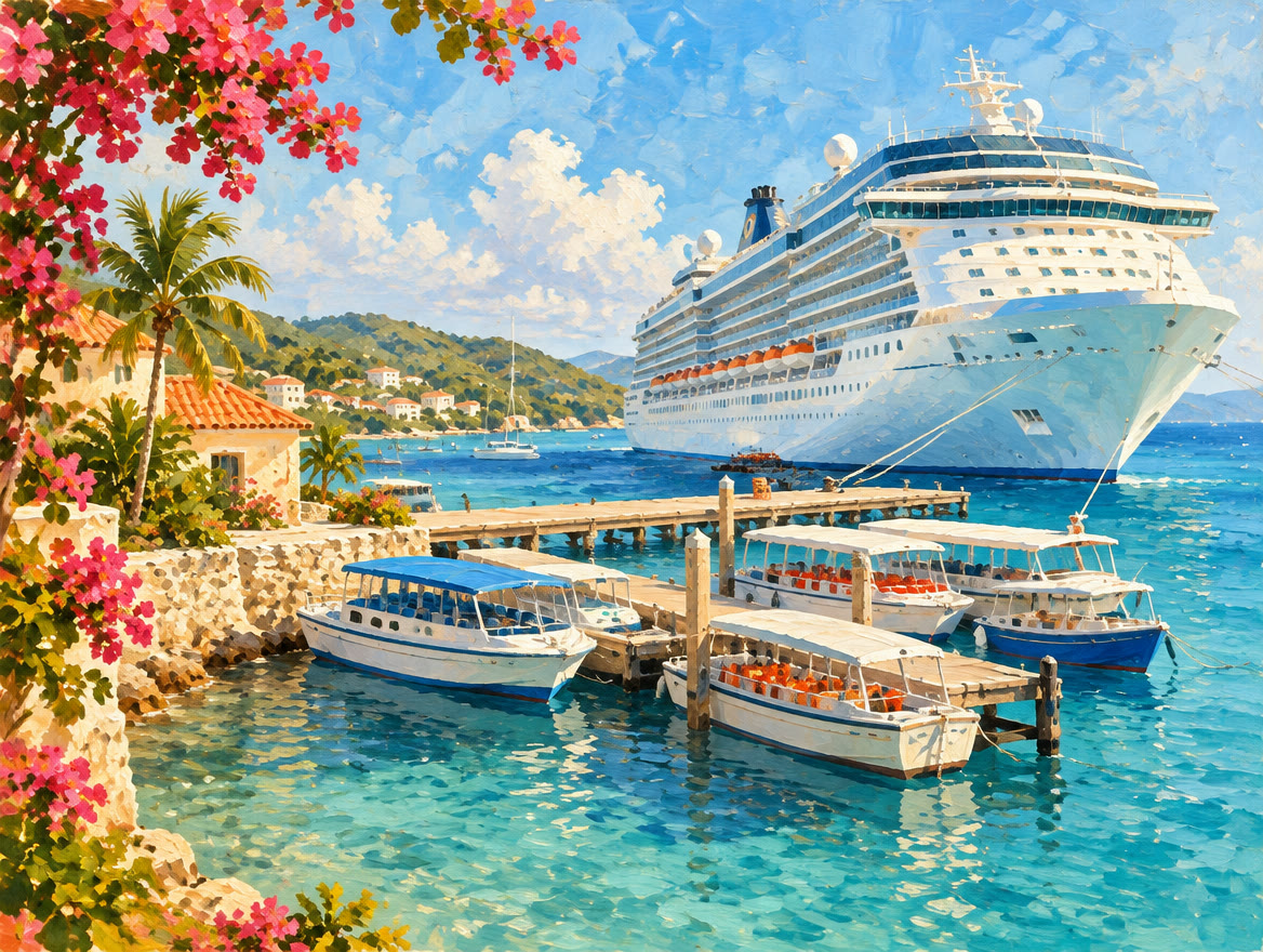 Painted cruise ship at a pier with small tour boats at a tender dock