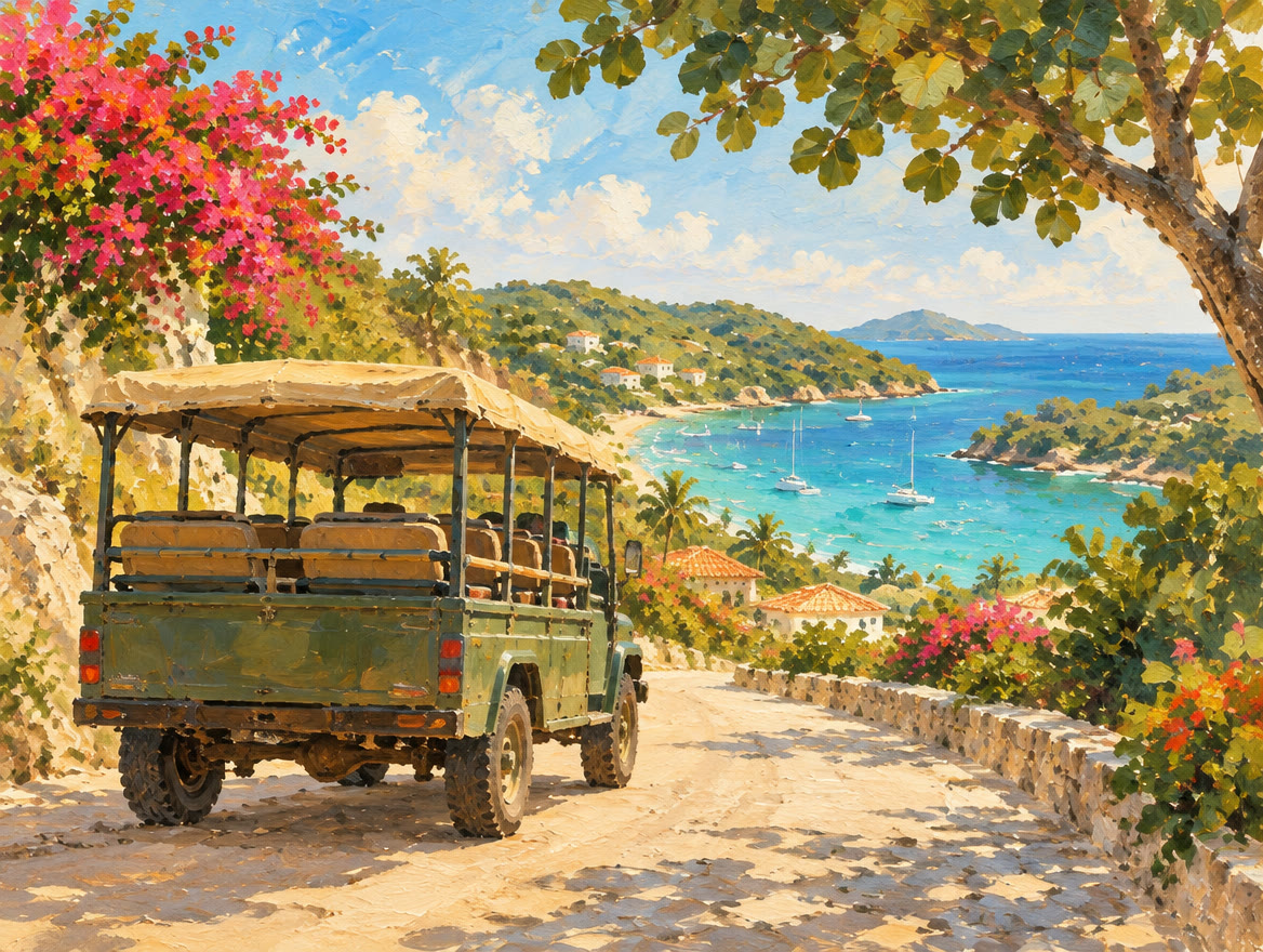 Painted open-sided safari bus on a hillside road above a bay