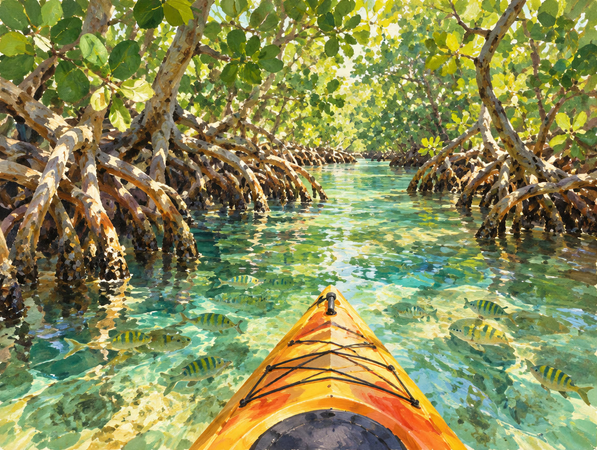 Painted kayak bow among mangrove roots above clear shallow water