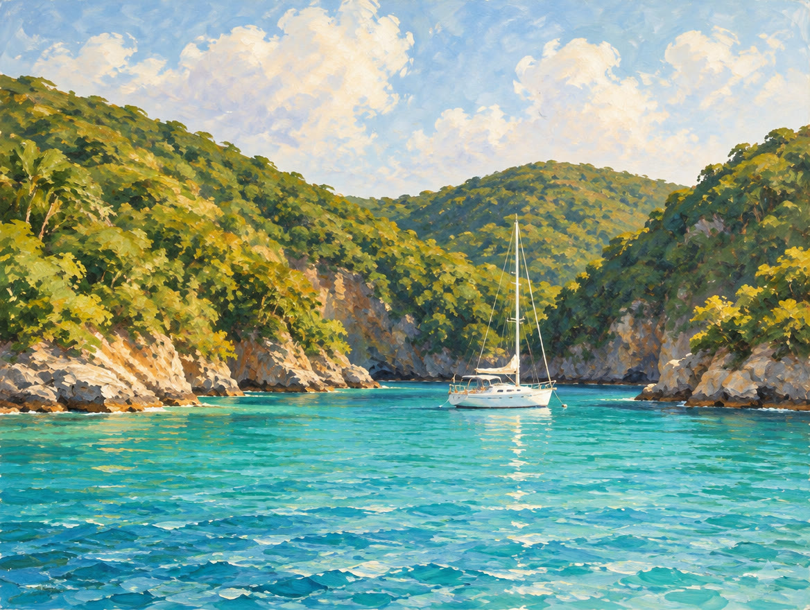 Painted small private yacht anchored alone in an empty cove