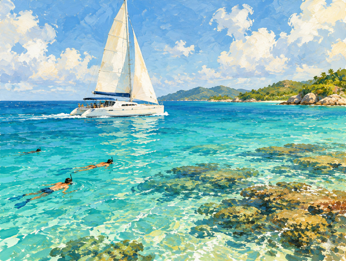 Painted catamaran under sail on turquoise water with swimmers near a reef