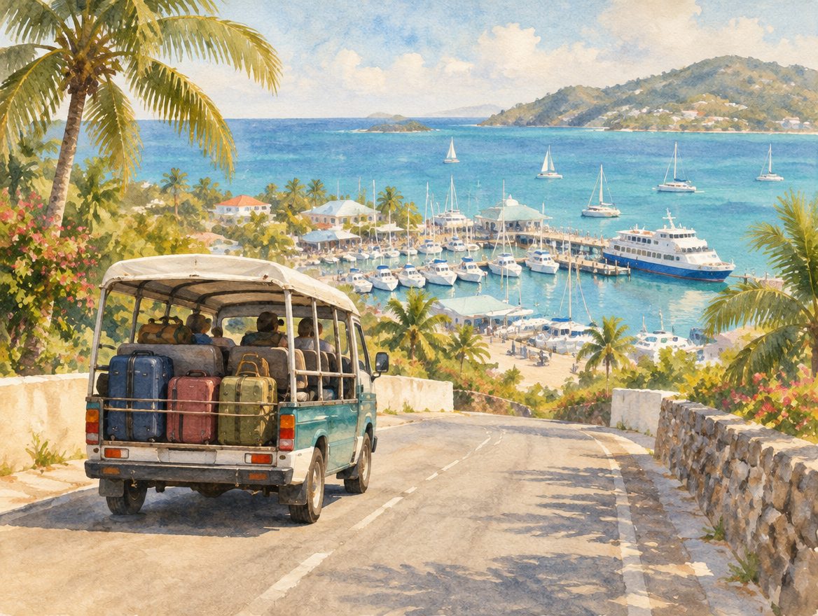 Painted open-sided island taxi van loaded with luggage, descending a coastal road toward a marina
