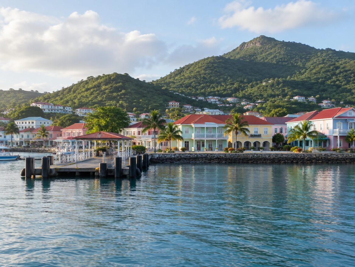 Caribbean harbor town seen from the water, with a ferry dock in the foreground