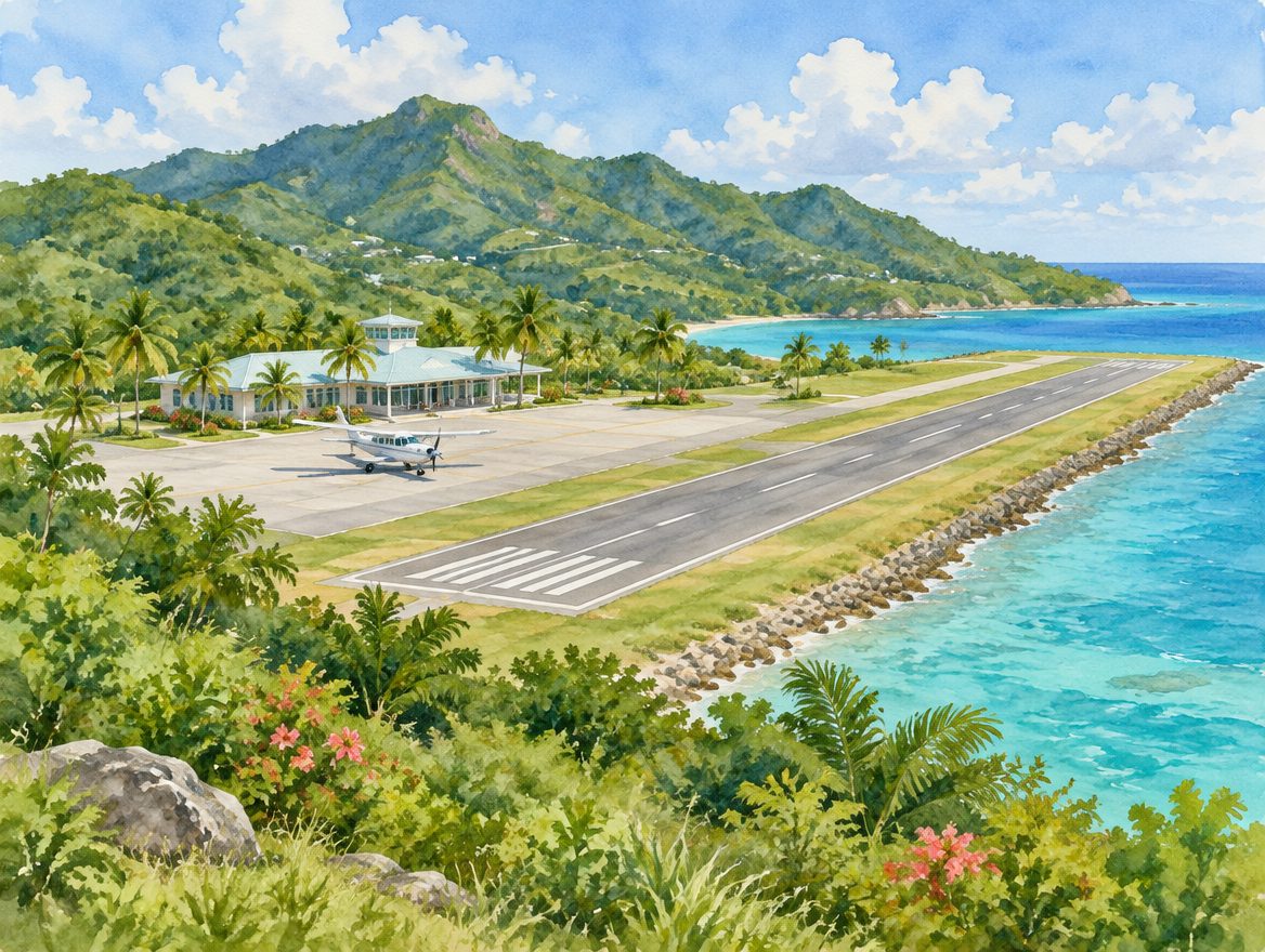 Painted island airport with a coastal runway, terminal and propeller aircraft
