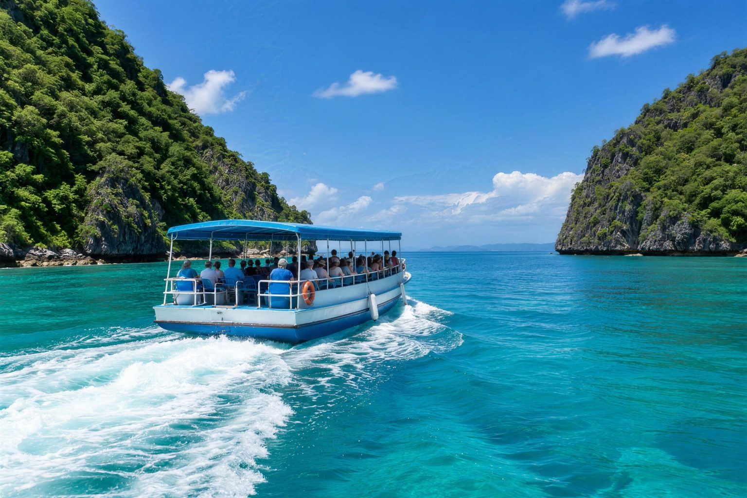 Open-sided passenger ferry crossing turquoise water between two green islands