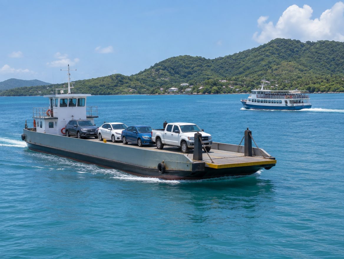 Vehicle barge carrying cars past a smaller passenger ferry