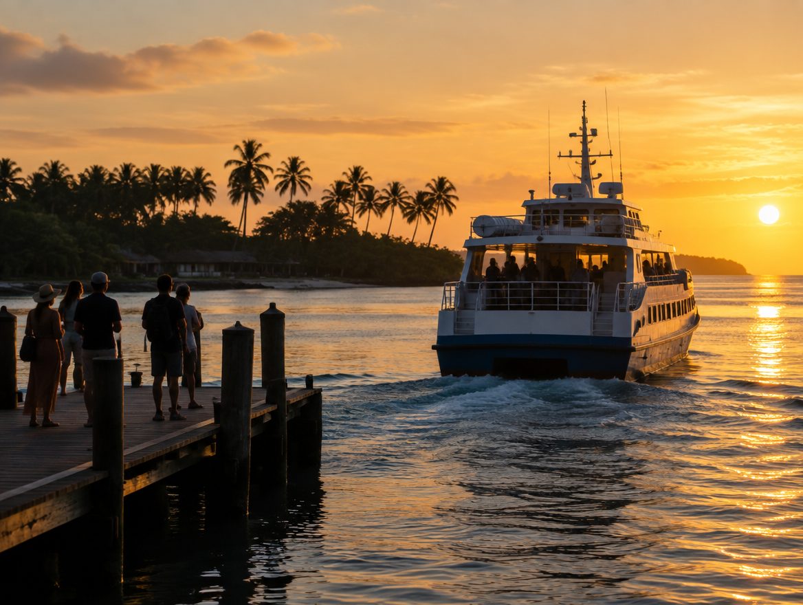 Passenger ferry pulling away from a dock in low evening light
