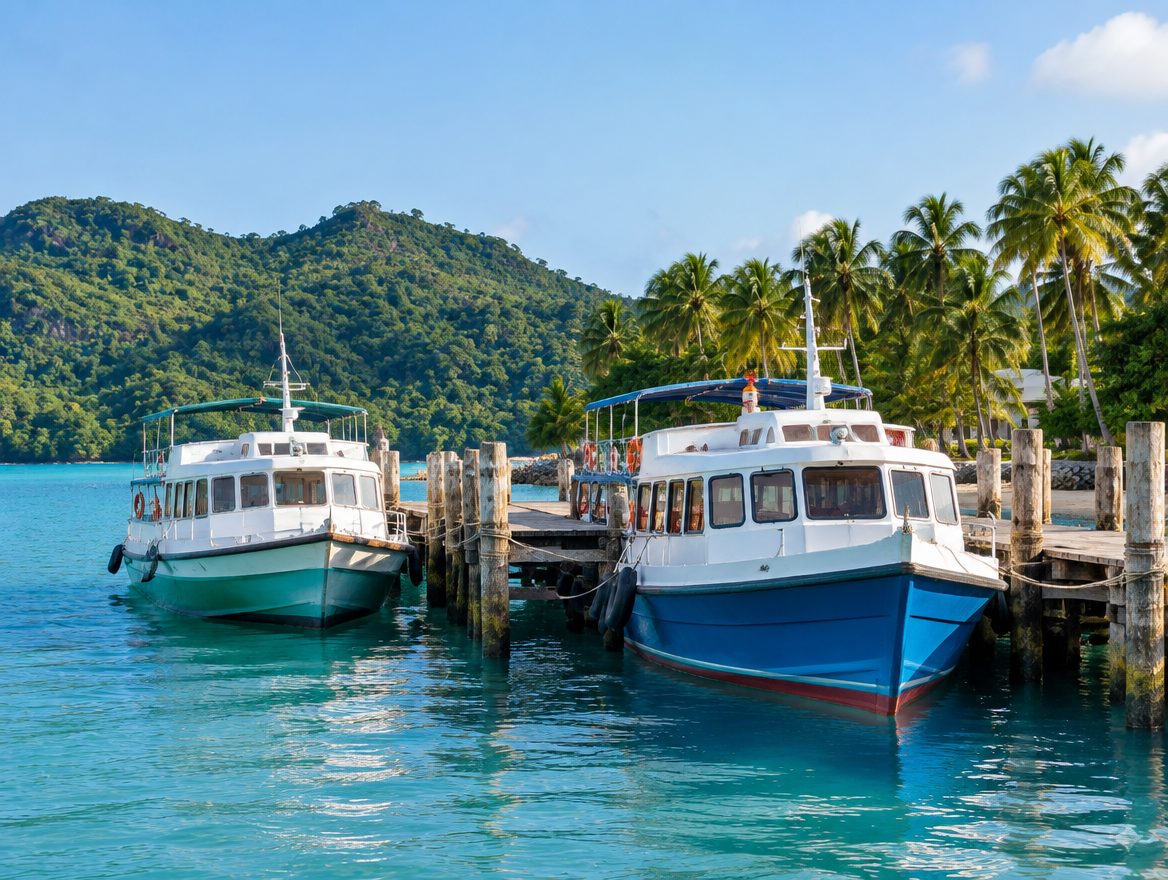 Two small passenger ferries moored at a dock with wooden pilings