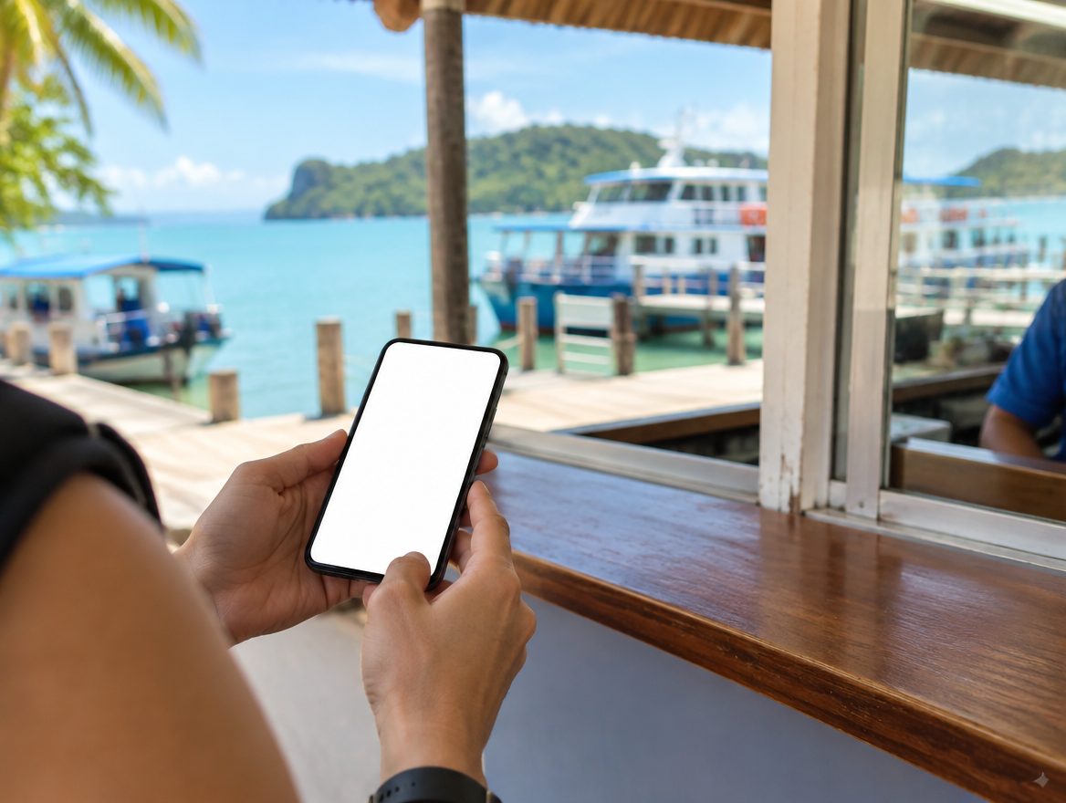 Traveler holding a phone at an open-air ferry ticket window