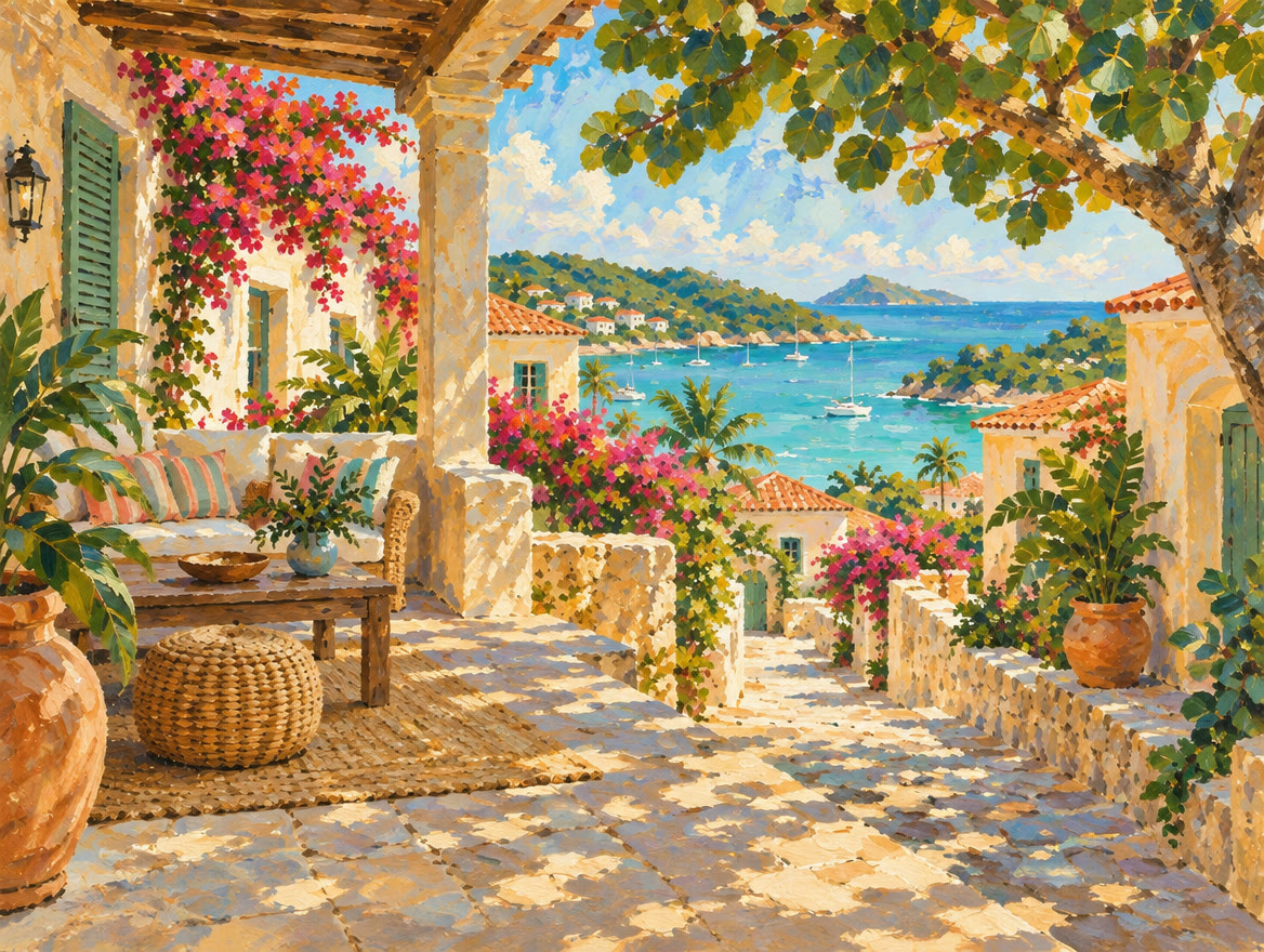 Painted small hotel courtyard with bougainvillea, wicker chairs and a sea glimpse