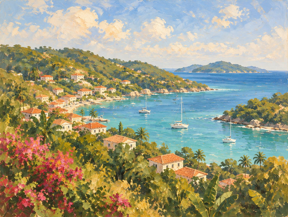 Painted harbour town and a quieter bay on opposite sides of a green ridge