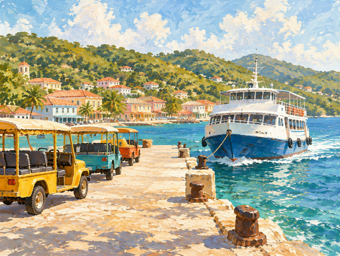 Painted passenger ferry arriving at a small town dock with taxis waiting