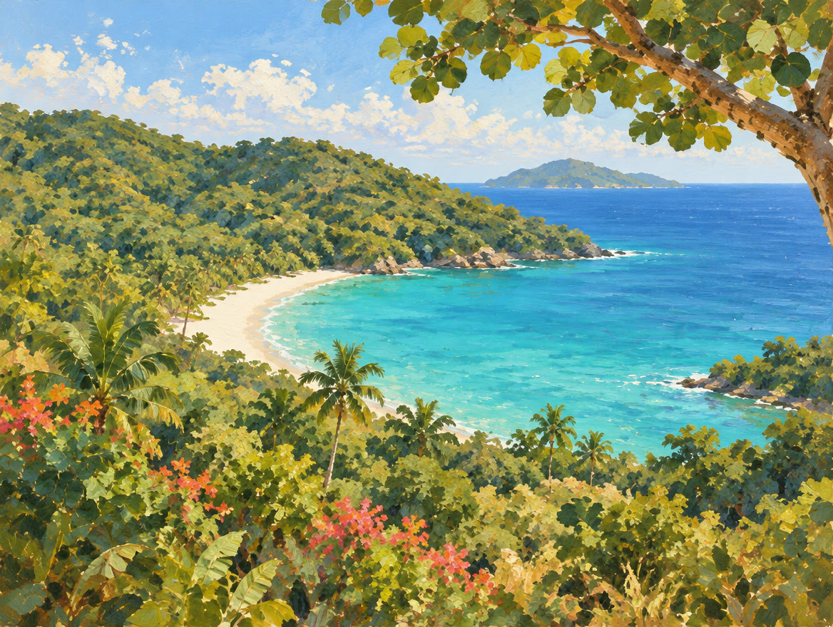 Painted forested hillside dropping to an empty beach and a turquoise bay