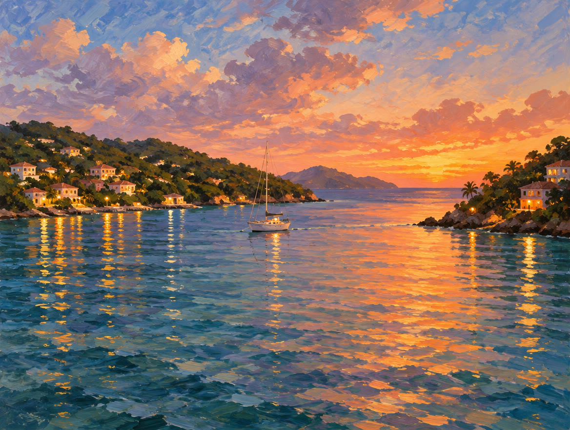 Painted sailboat anchored between two island shores at dusk