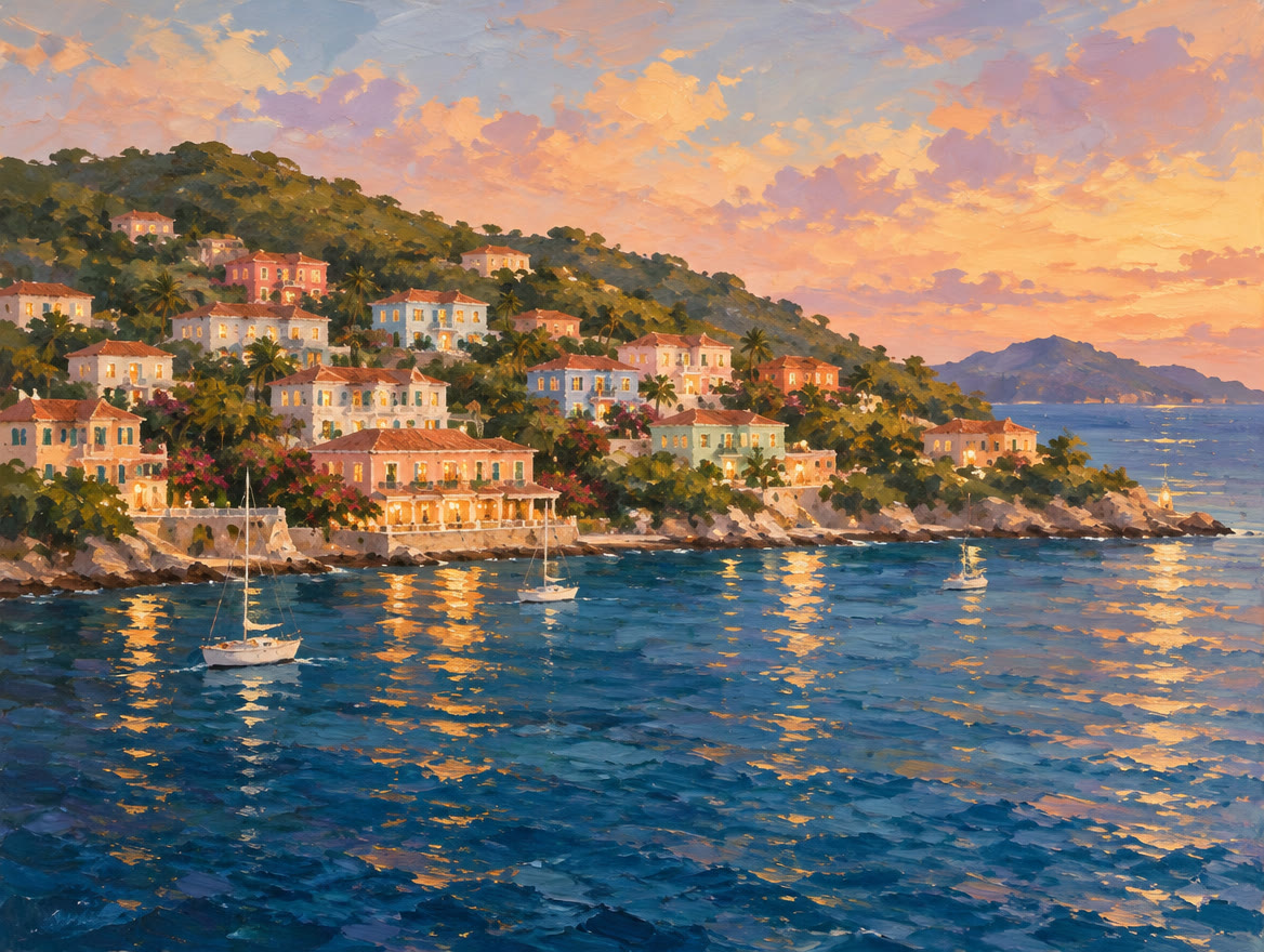 Painted hillside of pastel guesthouses above a bay at dusk