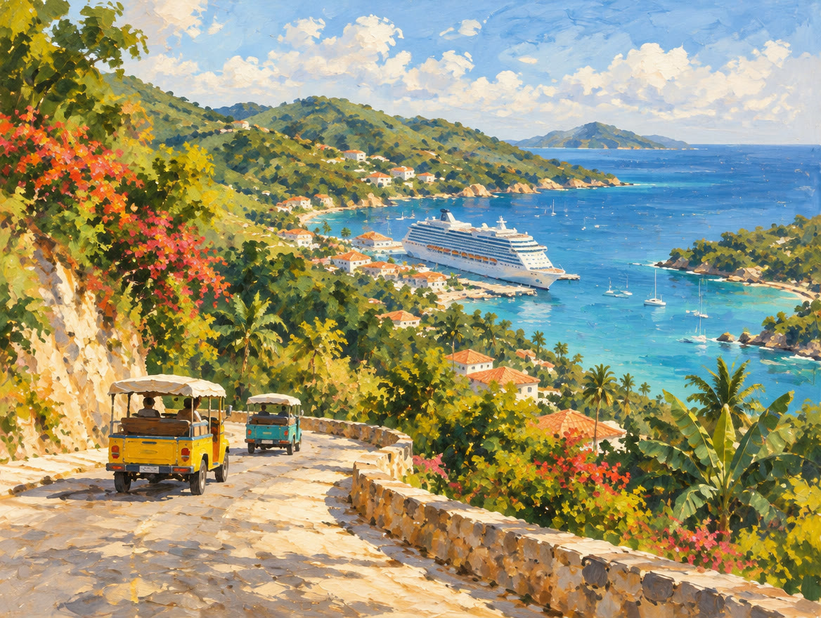 Painted cruise ships berthed below a green hillside seen from the road above