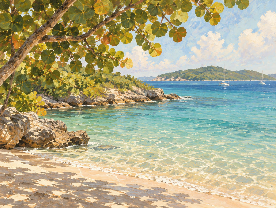 Painted quiet cove with clear shallows, a rocky point and sea grape shade