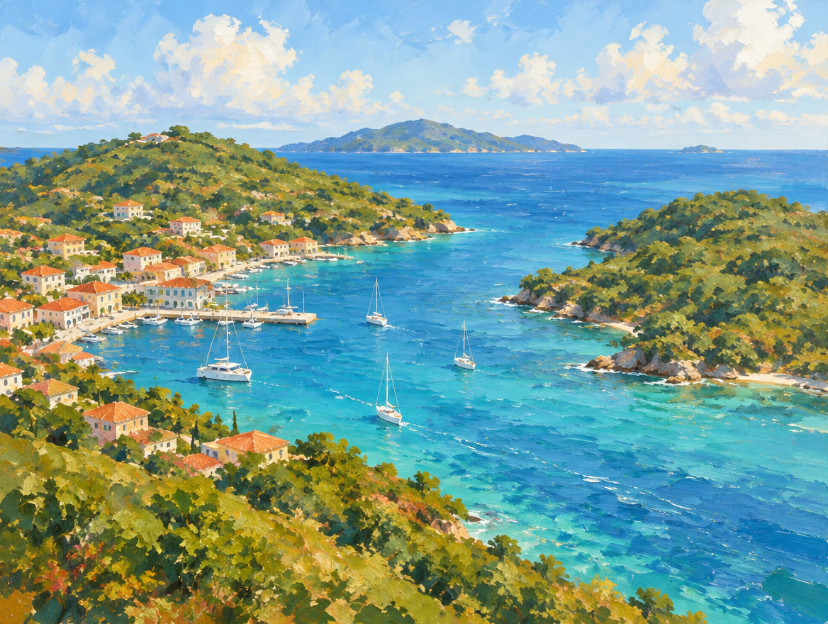 Painted aerial view of two neighbouring islands, one with a harbour town, one forested