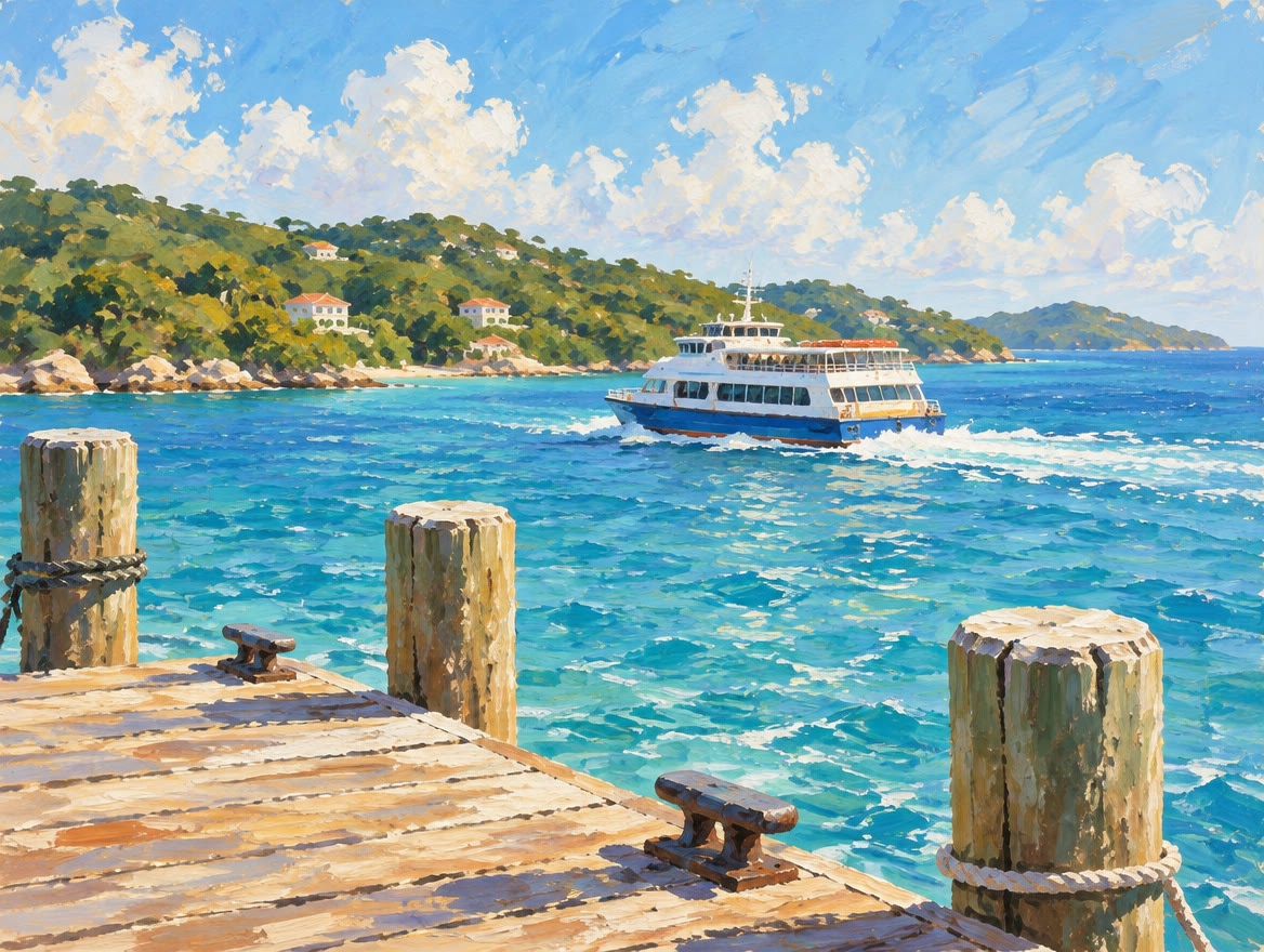 Painted passenger ferry crossing a channel seen from the end of a wooden dock
