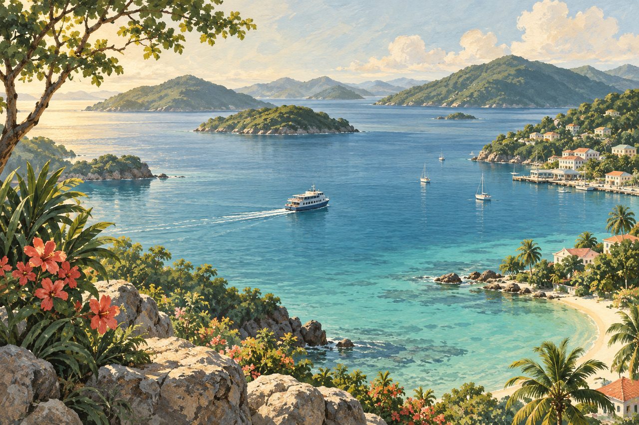 Painted island harbor with a ferry and green hills; conceptual illustration