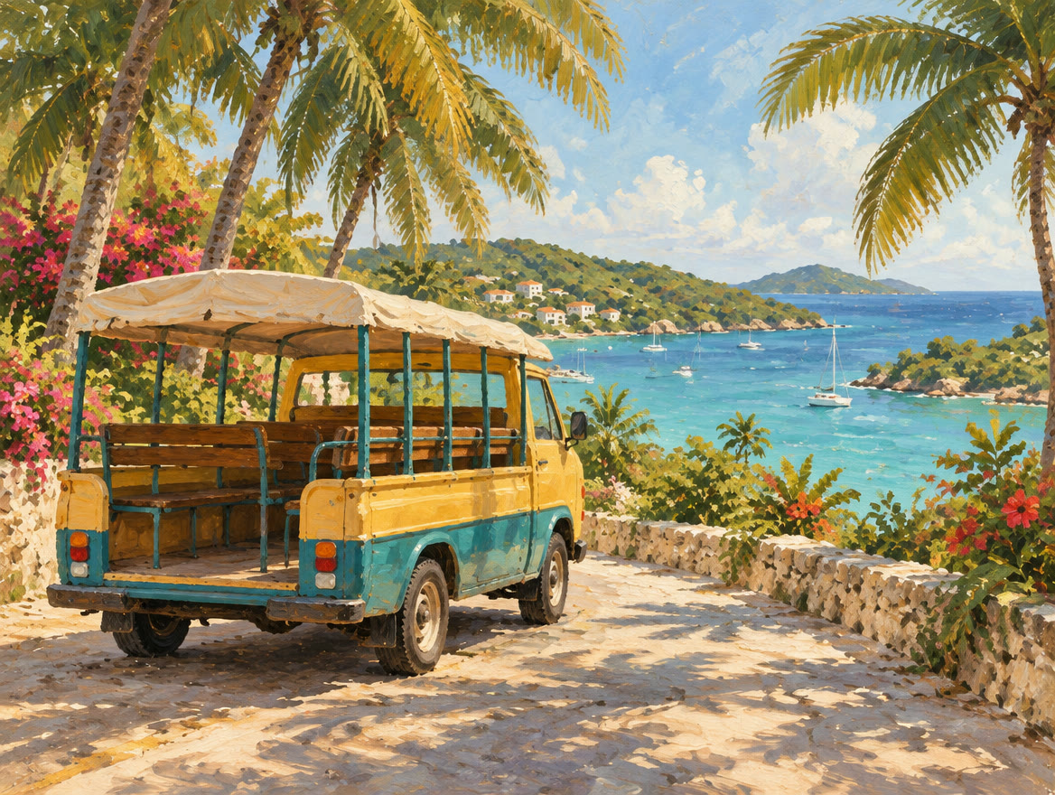 Painted open-sided island taxi van on a coastal road lined with palms