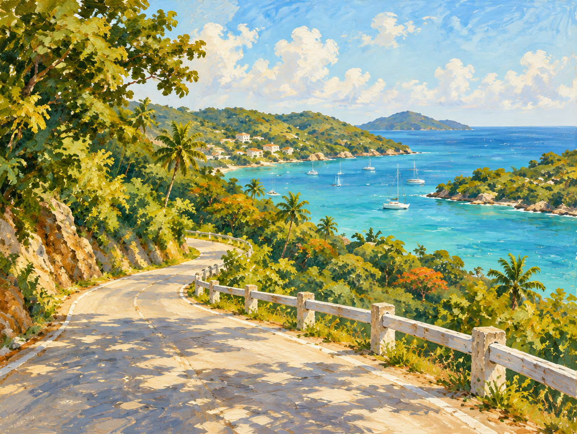 Painted winding hill road descending green slopes toward a wide bay
