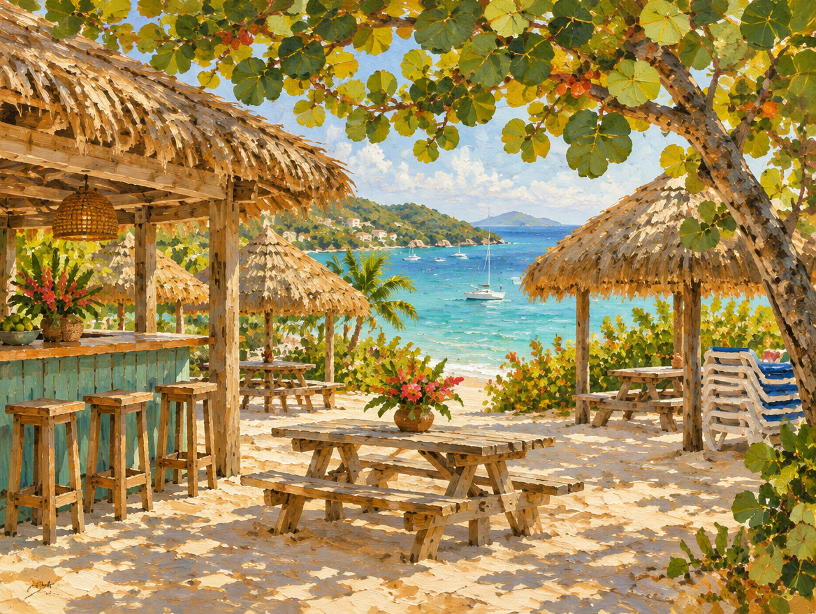 Painted beach bar and picnic shelters under sea grape trees with loungers