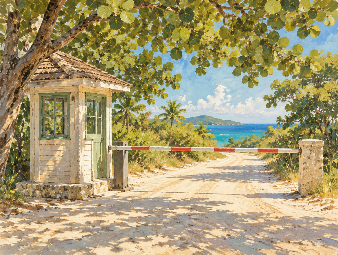 Painted small park entrance booth under shade trees at a sandy access road