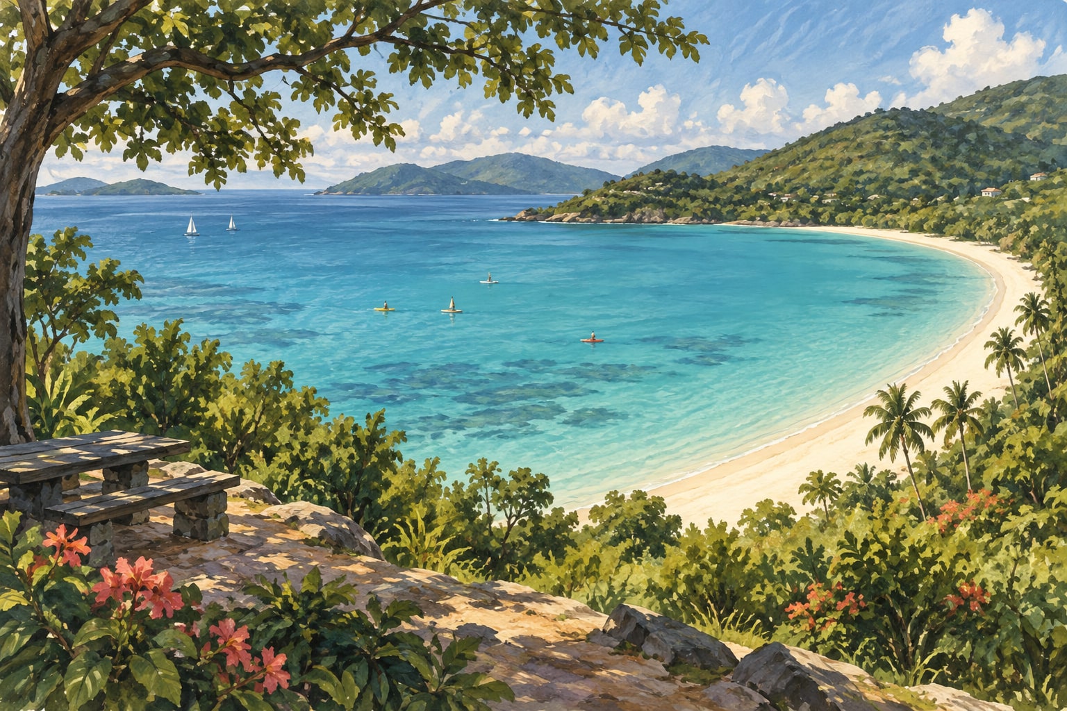Painted broad sheltered bay with a long pale beach and green hills