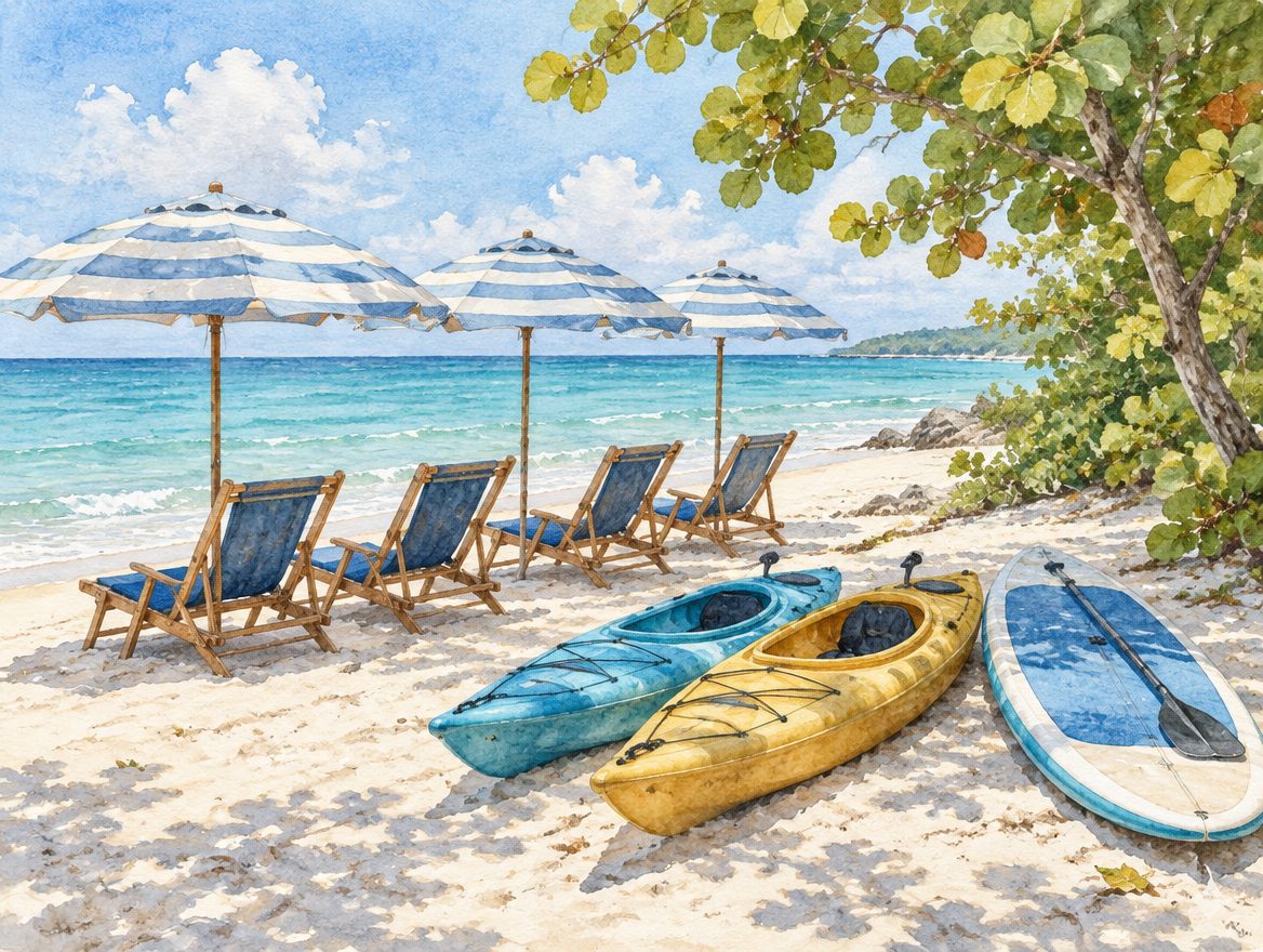 Painted beach chairs beneath striped umbrellas, with kayaks and a paddleboard on sand