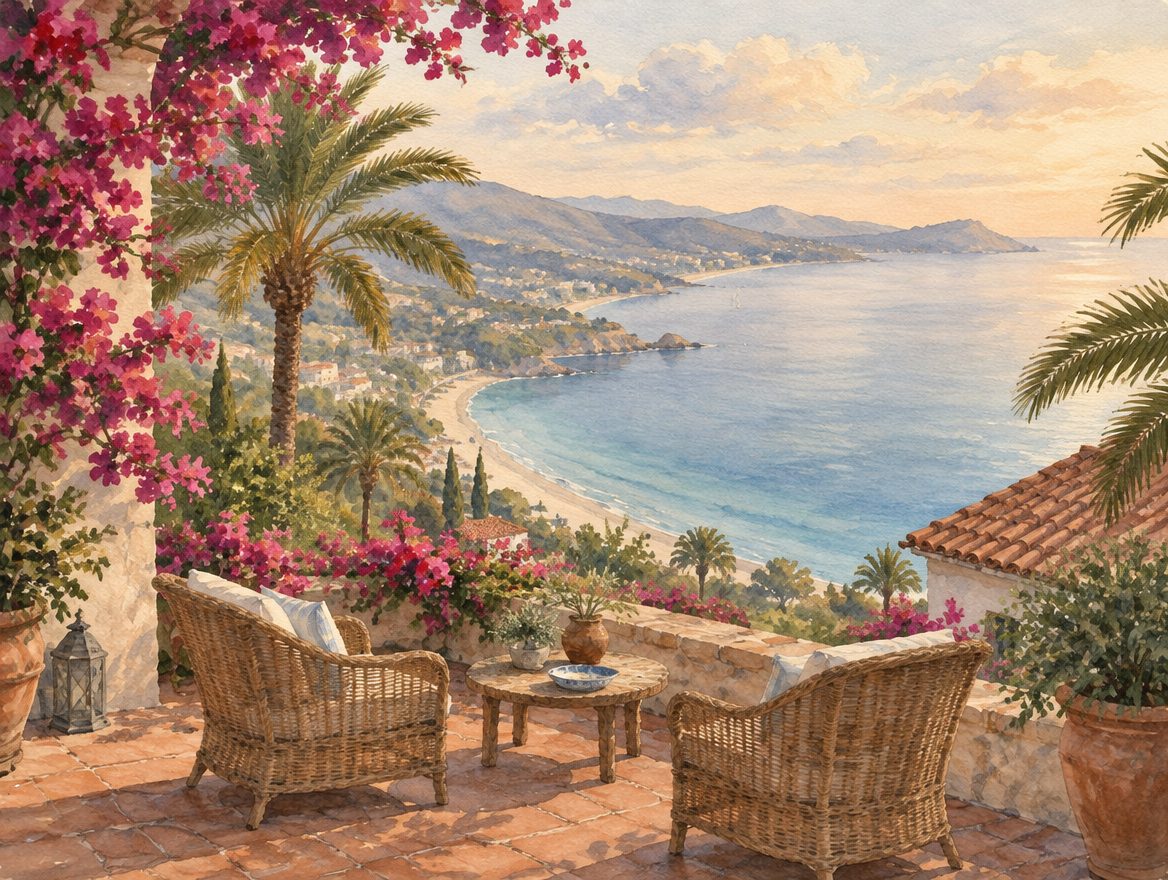 Painted hillside hotel terrace framed by palms, looking down over a long calm bay