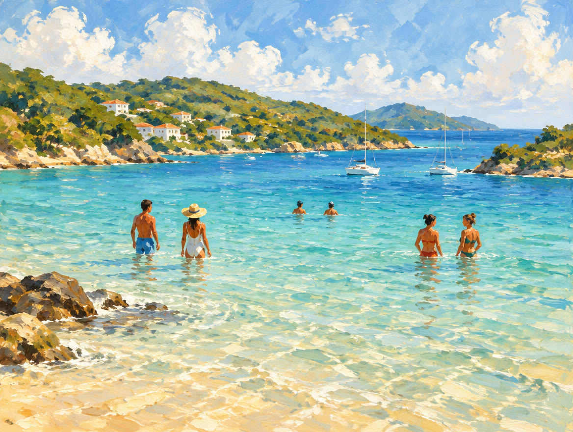 Painted swimmers in flat sandy shallows of a wide bay