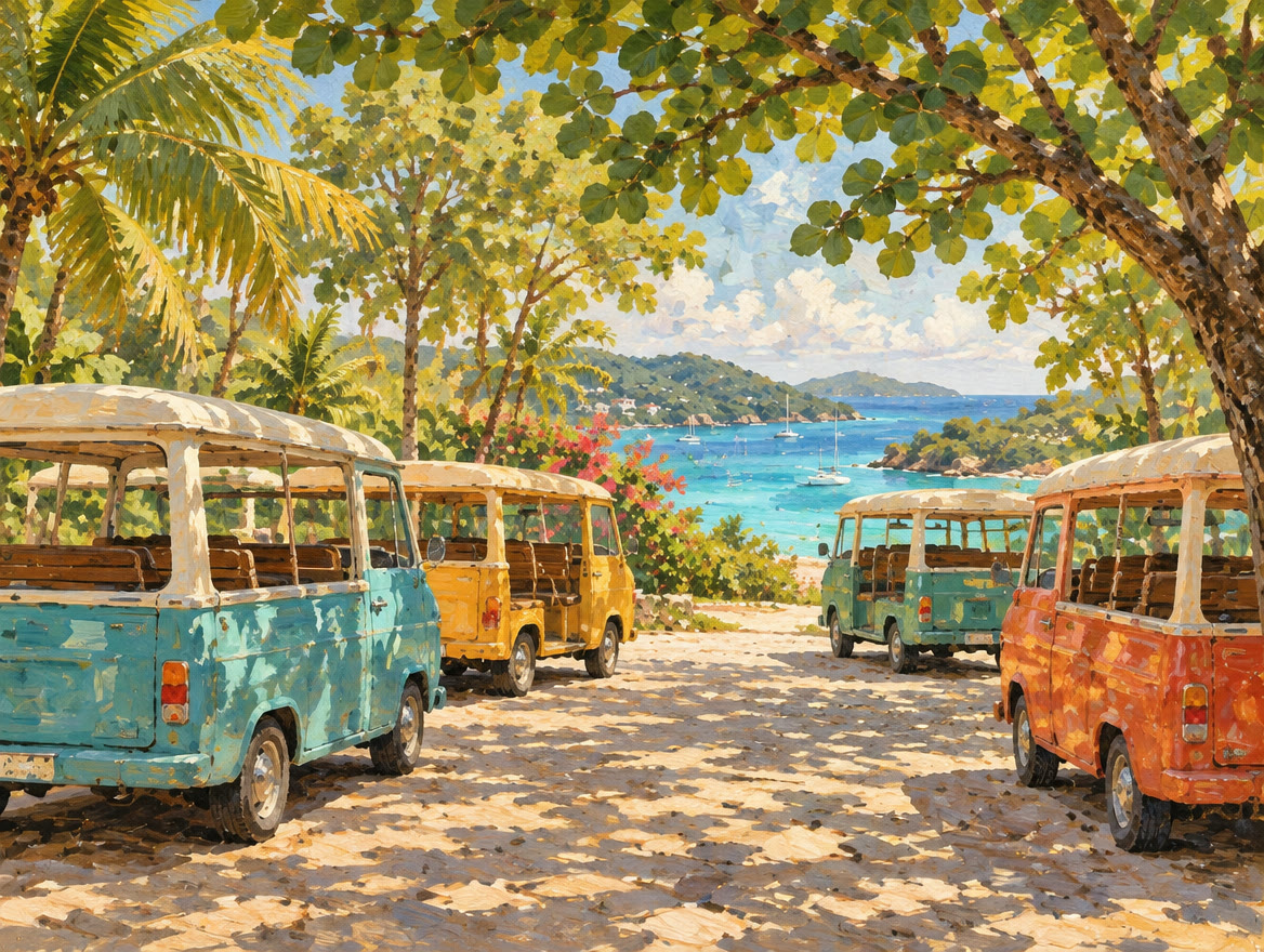 Painted open-sided taxi vans parked in a shaded lot near a beach