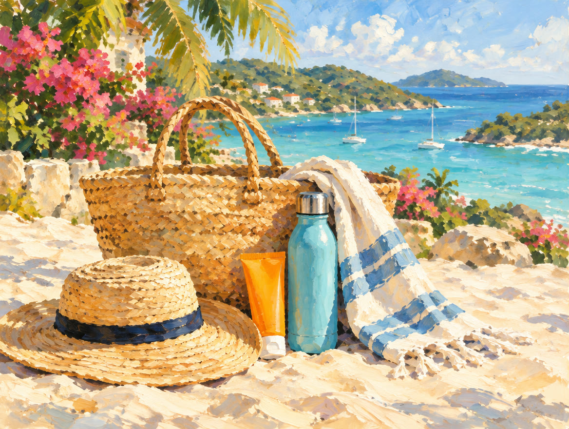 Painted straw beach bag on sand with sunscreen, a water bottle and a hat