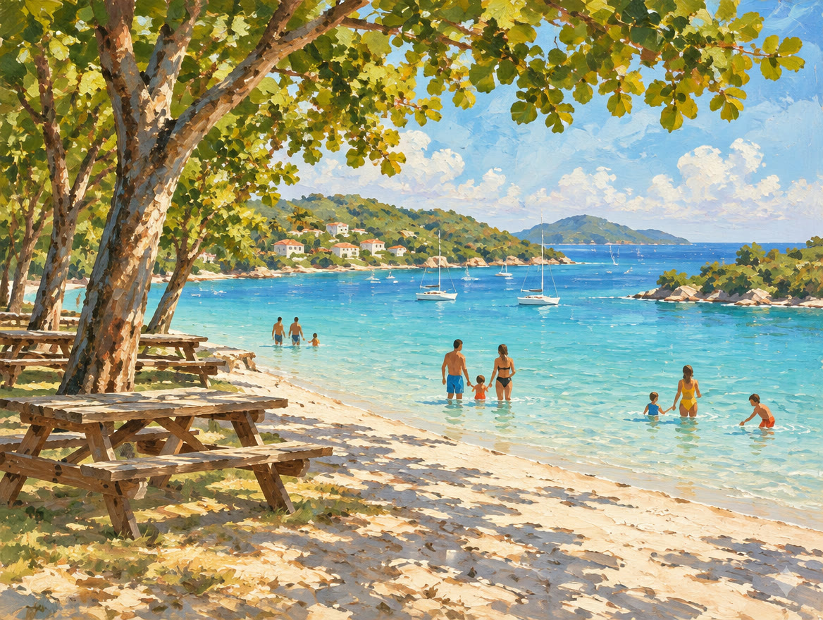 Painted broad calm bay with picnic tables and shade trees behind the sand