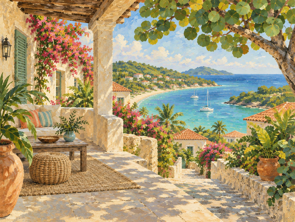 Painted hillside villas with red roofs above a wide sheltered bay