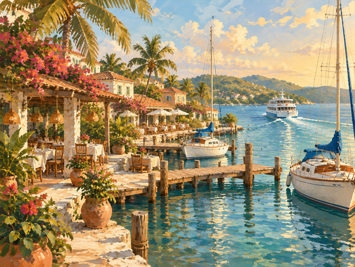 Painted marina village with sailboats, dockside restaurants and a departing ferry