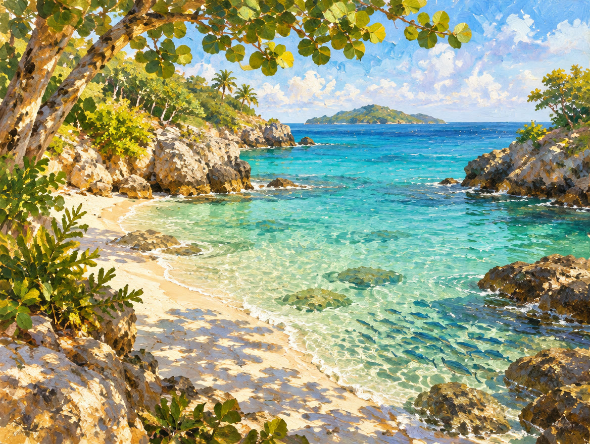 Painted small beach between rocky points with fish in the clear shallows