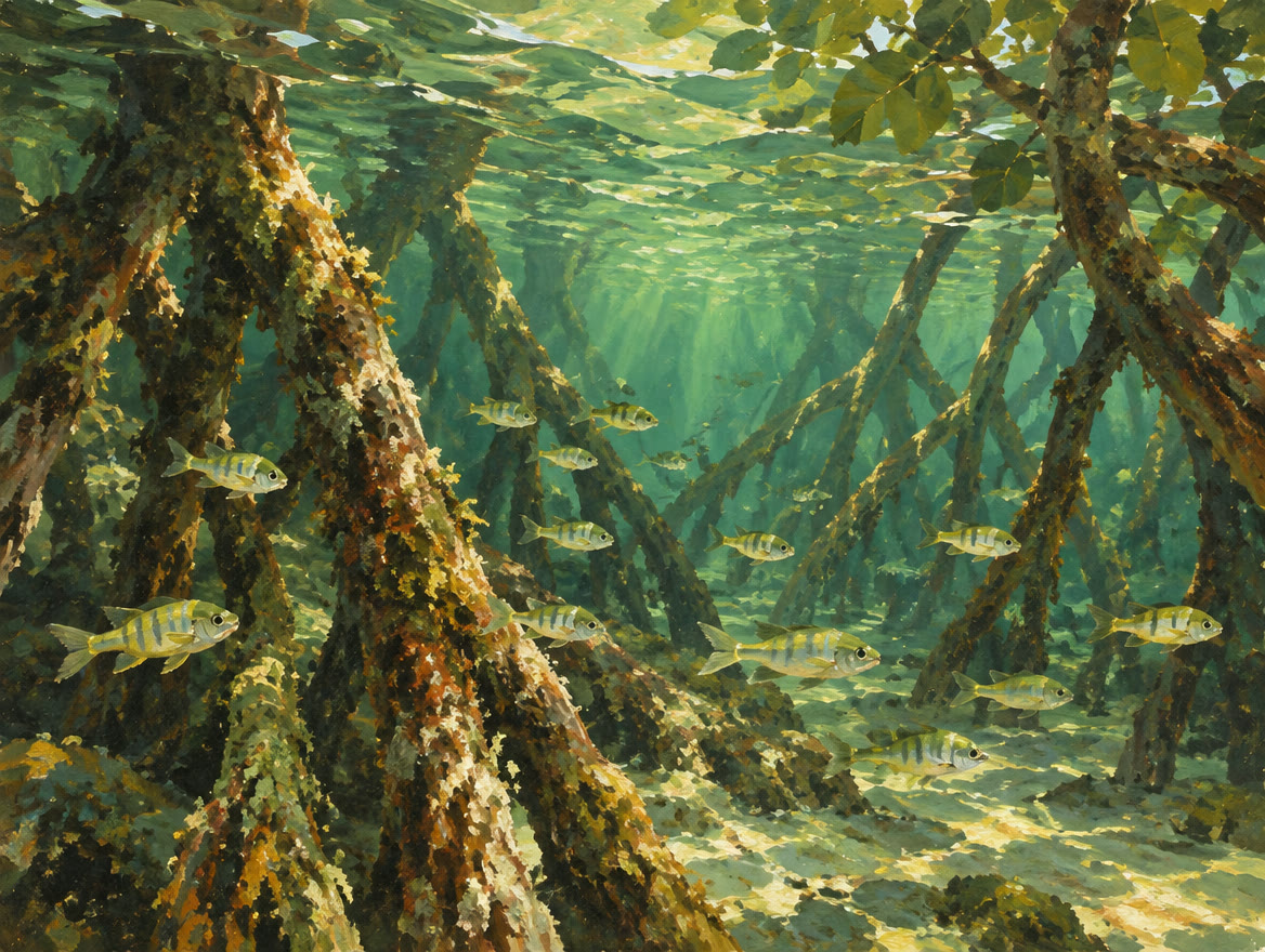 Painted underwater view among mangrove roots with small juvenile fish