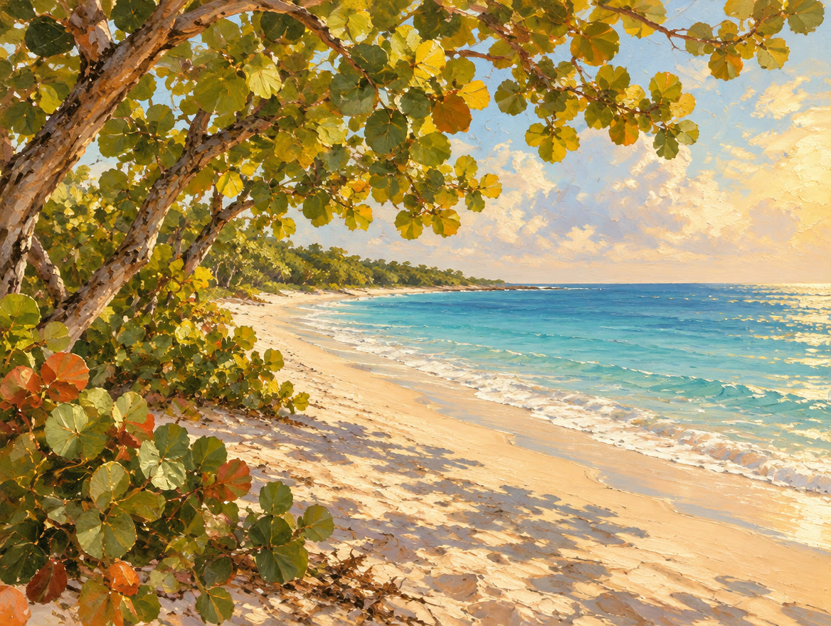 Painted long pale beach backed by sea grape trees with gentle water