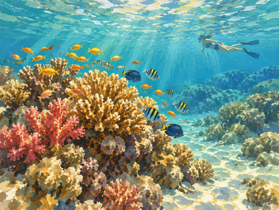 Painted coral head with fish and a swimmer keeping a careful distance