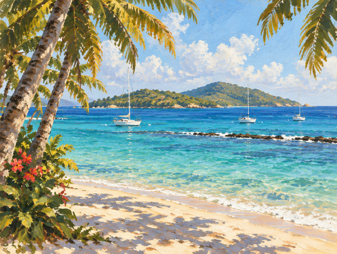 Painted palm-lined beach with moored sailboats and a reef line offshore