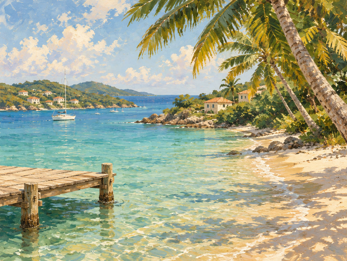 Painted sheltered cove with a small wooden dock and loungers under palms