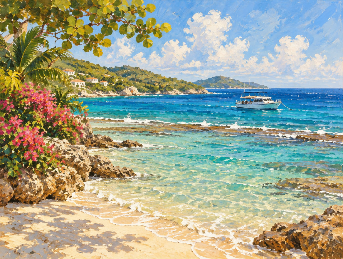 Painted shoreline with a shallow sandy entry, a reef edge and an anchored boat offshore
