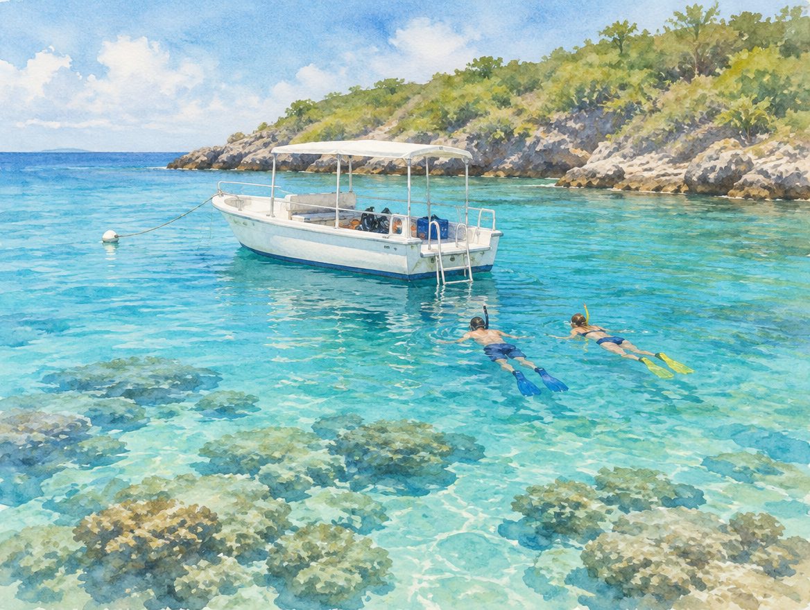 Painted small tour boat moored in a clear turquoise cove with snorkelers at the surface beside it